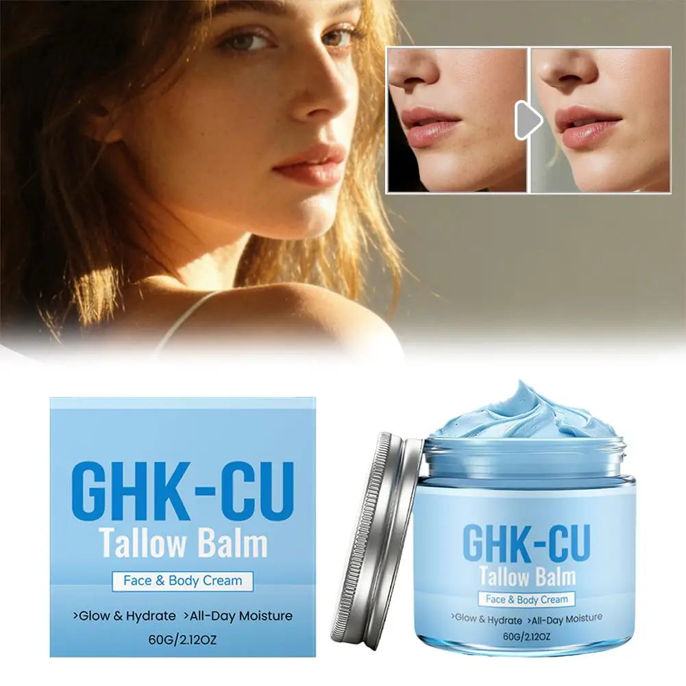 Natural GHK-CU Copper Peptide Tallow Balm Blue Cream - Brighten Hydrating Face & Body Moisturizer, for Dry Sensitive Mature Skin