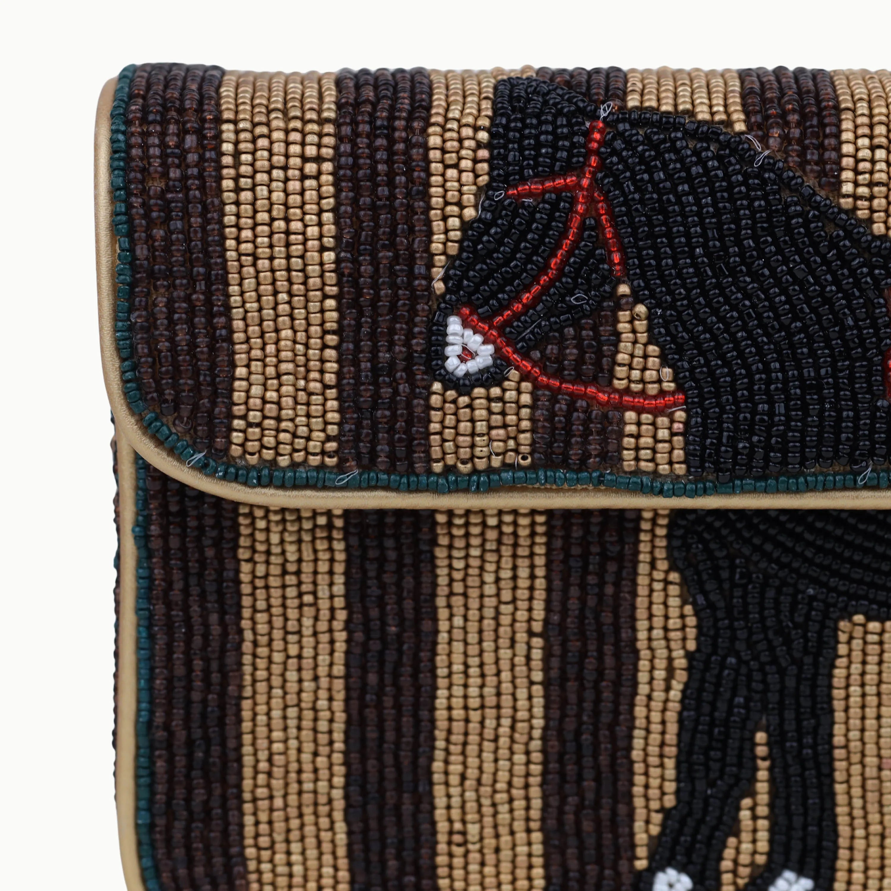 Bohemian beaded flap shoulder bag with brown striped pattern and black horse motif. Designer handbag for daily use.