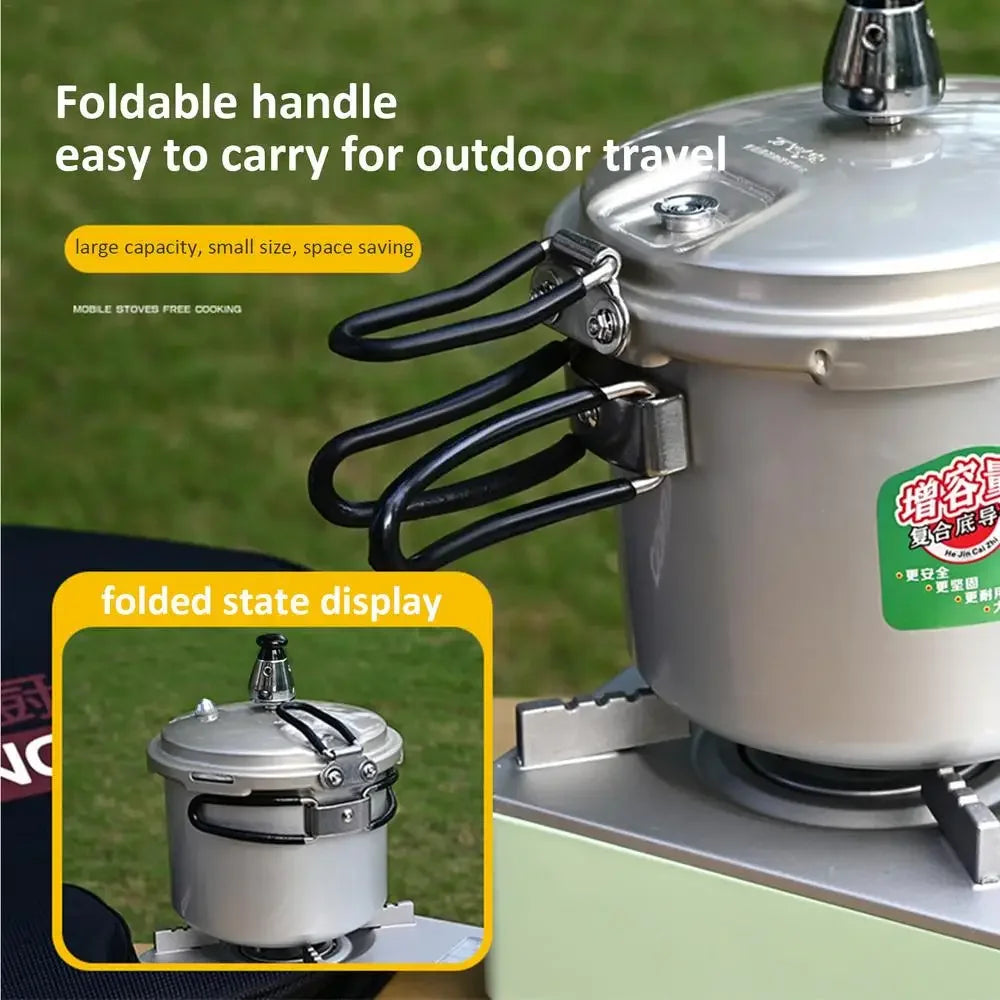 Portable pressure cooker with folded black carry handle and silver lid, outdoor cooking pot