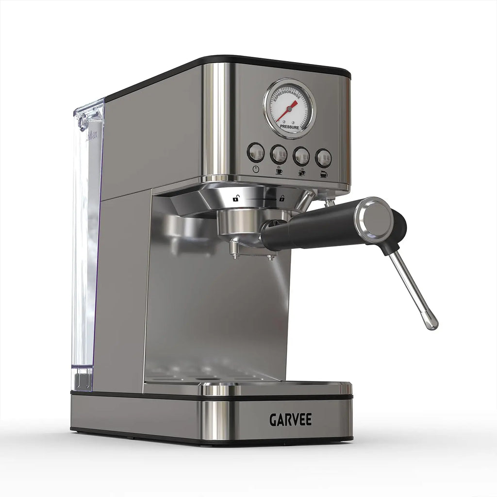 Garvee stainless steel espresso machine with pressure gauge, portafilter, and clear water tank on white background.