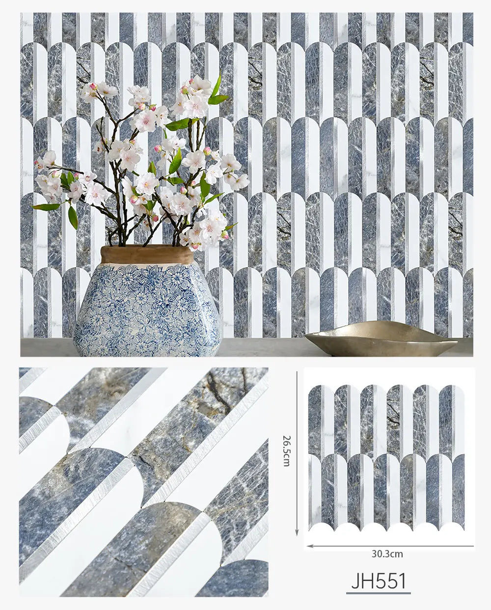 Self-adhesive feather backsplash tiles, gray-blue with curved vertical arch pattern