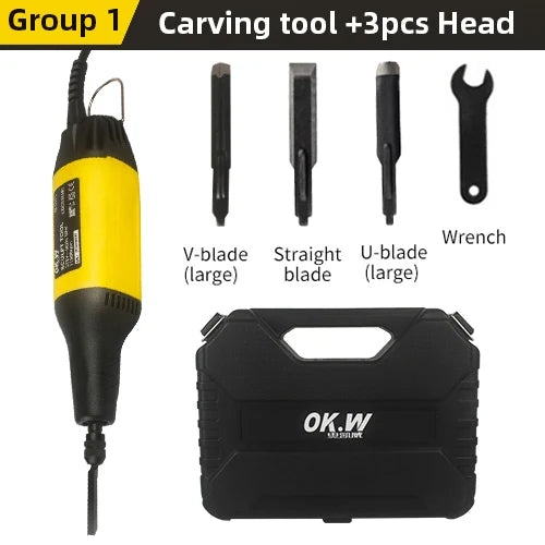 Carving chisel tool set with yellow handle, blade bits, and included black storage case