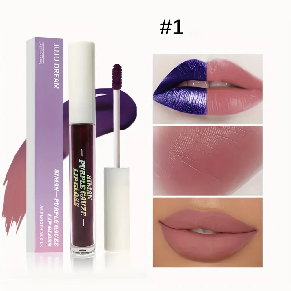 Long-lasting matte liquid lipstick, purple gauze shade with smooth applicator, swatch, and matte pink lip finish.