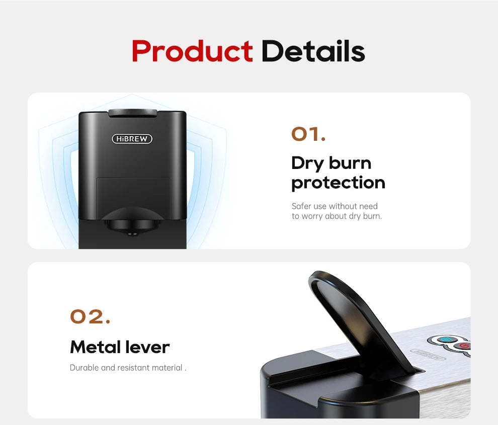 HiBREW coffee maker details showing black housing, dry burn protection feature, and a durable metal handle lever.