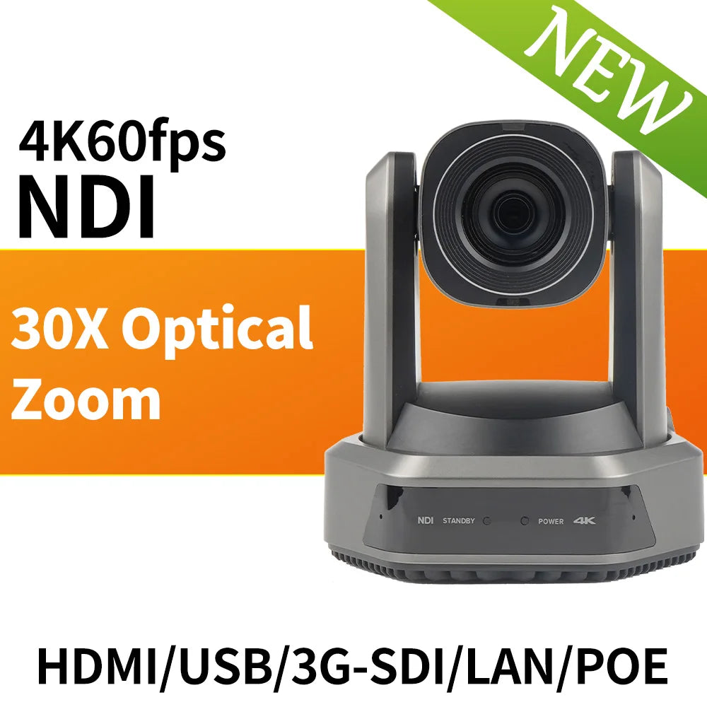 4K 60fps NDI PTZ camera, silver, 30x optical zoom on base