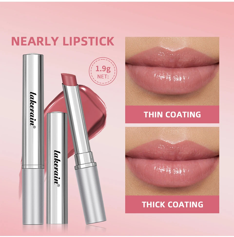 Lakerain moisturizing lipstick with glossy, brown-honey finish shown in thin and thick application on lips.