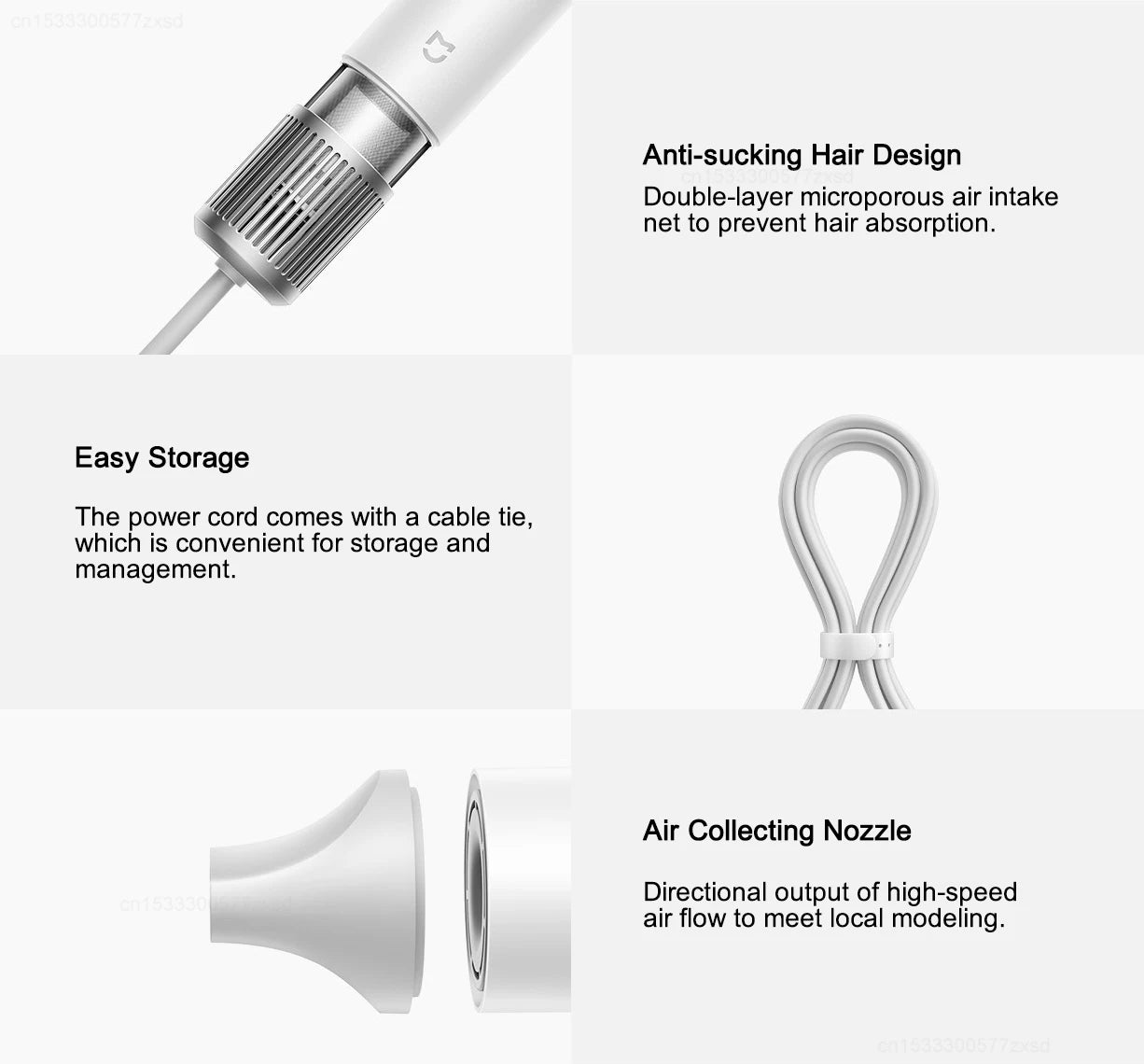 White Mijia H501 high-speed hair dryer features anti-sucking air intake, storage cable tie, and styling nozzle.