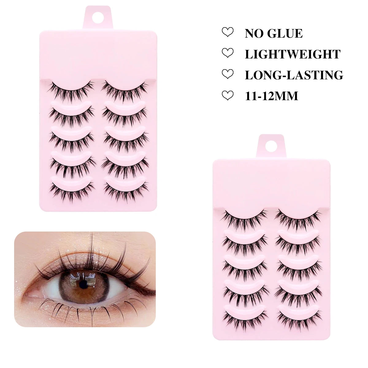 Five pairs of black, wispy manga-style false eyelashes on pink trays, with a close-up showing a natural doll-eye look.