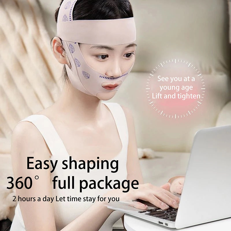 Beige V-line face slimming bandage strap for lifting, tightening double chin, and facial contouring while working.