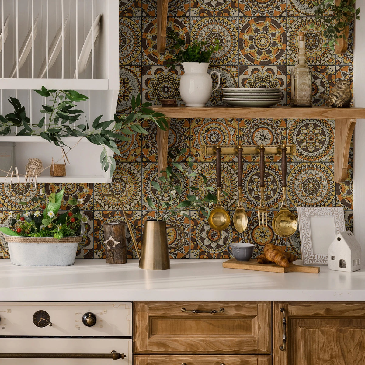 Orange, green, and yellow patterned tile-style self-adhesive wallpaper sheets