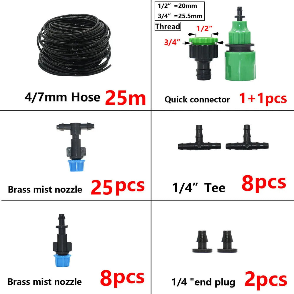 5M-30M Outdoor Misting Cooling System Garden Irrigation Watering 1/4'' Brass Atomizer Nozzles 4/7mm Hose for Patio Greenhouse