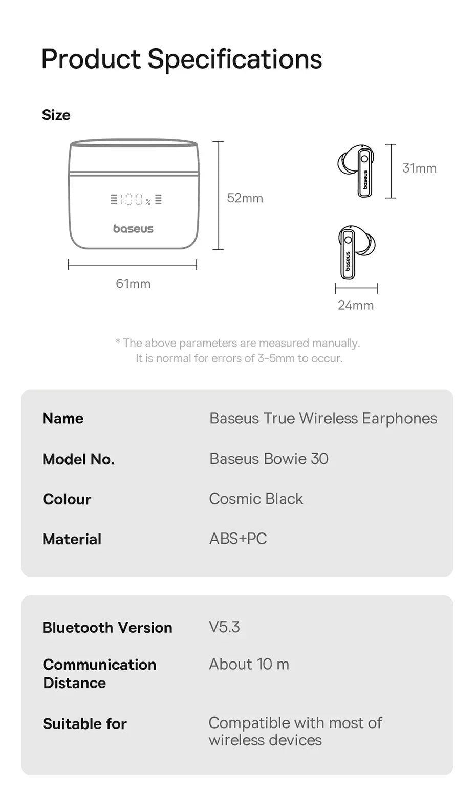 Baseus Bowie 30 Wireless Earphones 50dB Noise Reduction 65Hrs Long Playtime Bluetooth 5.3 Earbuds 6 Mics AI Call Clear Big Bass Tidesmit