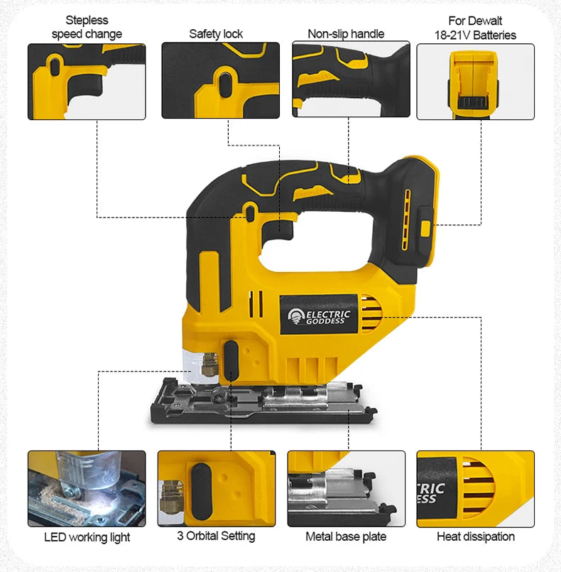 Cordless Jigsaw 3500RPM Electric Saw 45 Degree Cutting Angle Jigsaw Woodworking Tools For Dewalt 20V Battery Pin
