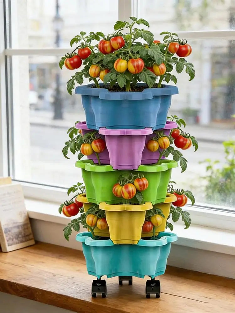 4/5 Tier Plant Tower With Wheels Stackable Plant Towers ABS Vertical Planter Tower For Strawberry Green Ivy Balcony Terrace