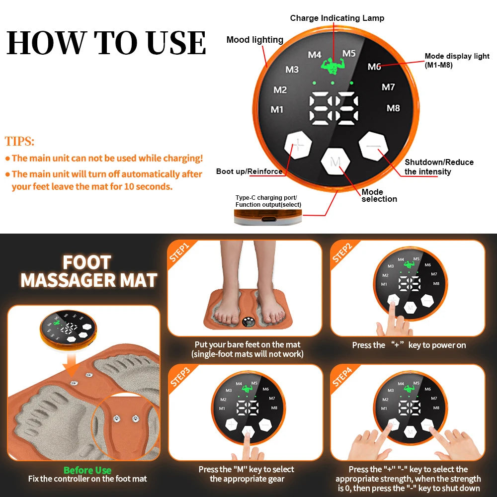 3D smart foot massager mat with 8 modes, 29 intensity levels, and rechargeable control unit to improve circulation.