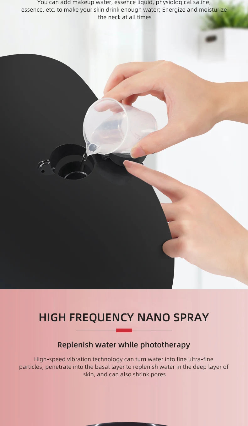 Filling the water tank of a black LED facial mask for high-frequency nano spray and red light skin rejuvenation.