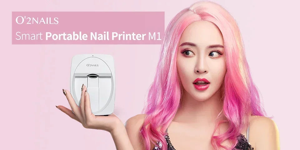 O2NAILS portable white smart nail printer for DIY home or salon 3D digital nail art painting with mobile app control.