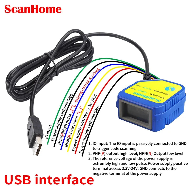 Blue barcode scanner module with LCD window and USB cable wiring harness