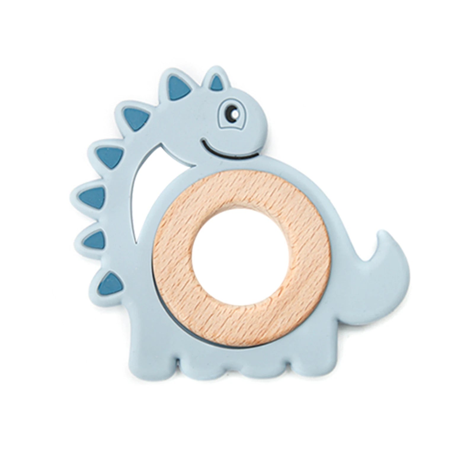 Blue dinosaur baby teething toy made of silicone and natural wood for teething relief.