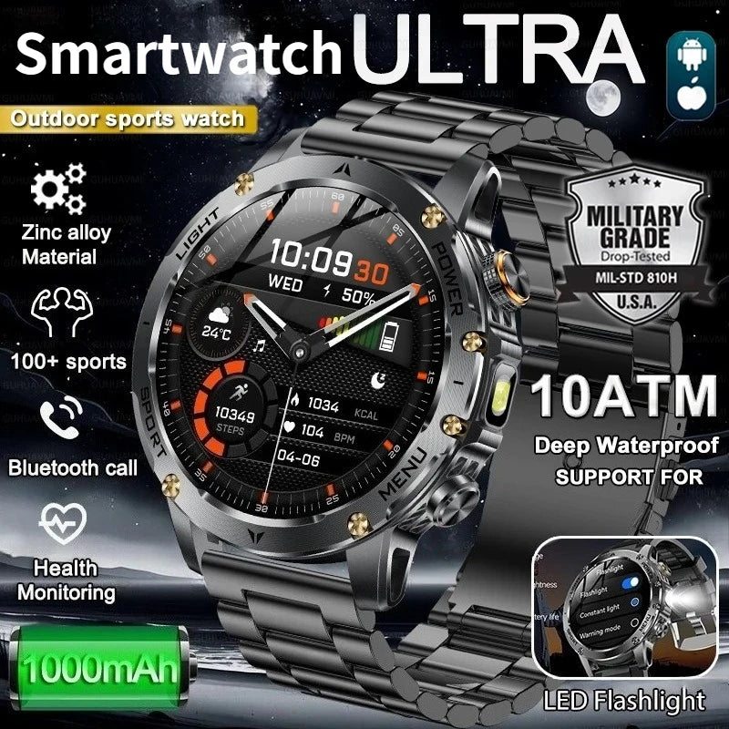 2026 New Military Smart Watch 1000Mah Battery Fitness Tracking 10ATM Waterproof Tactics Sport Flashlight call Bracelet For Men