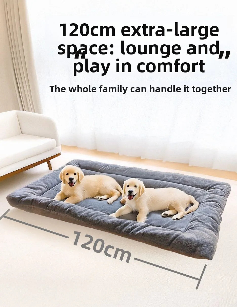 Extra large 120cm plush grey dog bed for large dogs, featuring a soft, thickened polyester mat for cozy winter comfort.