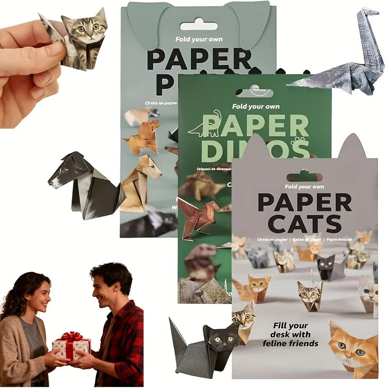 Fold your own paper cat origami kit. Handmade paper animal craft gift for cat lovers and creative home decor.