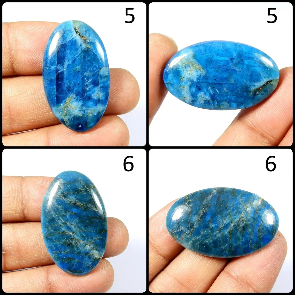 Ocean-blue oval cabochon gemstone held in hand, polished surface