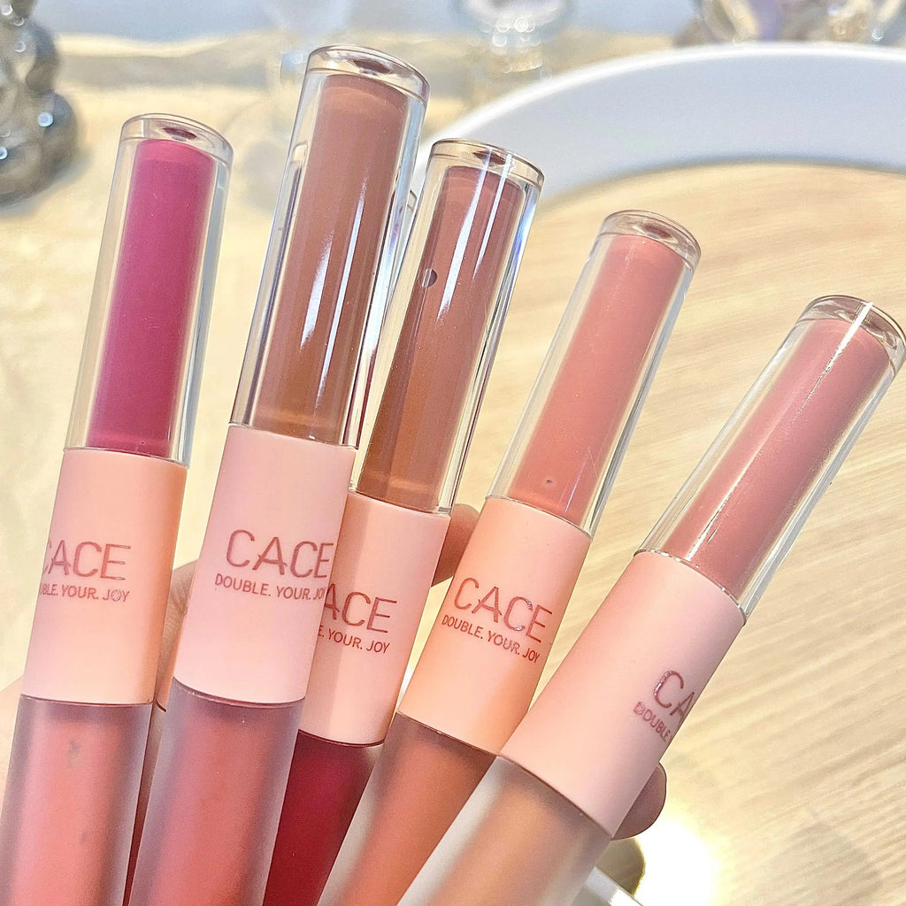 CACE double-head lip glosses in matte and water-gloss finishes, featuring a variety of nude and pink lip makeup shades.