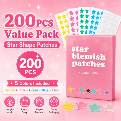 Star-shaped hydrocolloid acne patch set, multi-color star stickers, 200-count value pack.