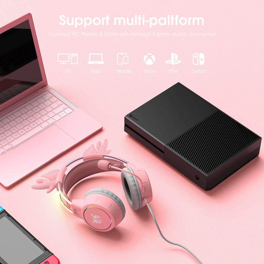 Pink Gaming Headphones with Cat Ears, RGB Mic, and Low Latency Audio Tidesmit