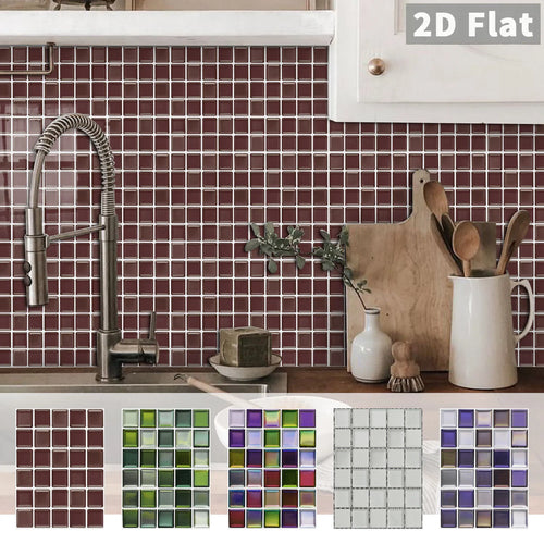 Peel-and-stick mosaic tile stickers, dark brown grid pattern for backsplash walls
