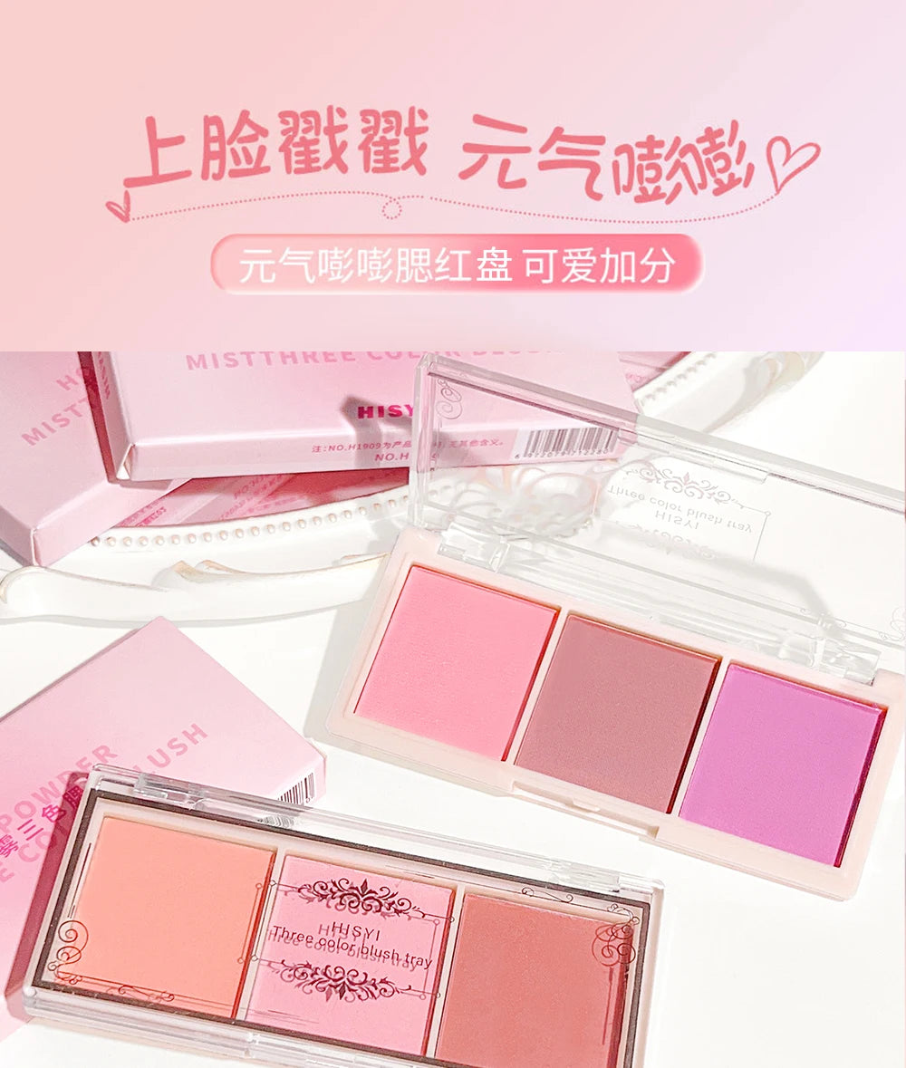 Tidesmit HISYI three-color matte blush palette for natural nude makeup look featuring three blendable blush shades