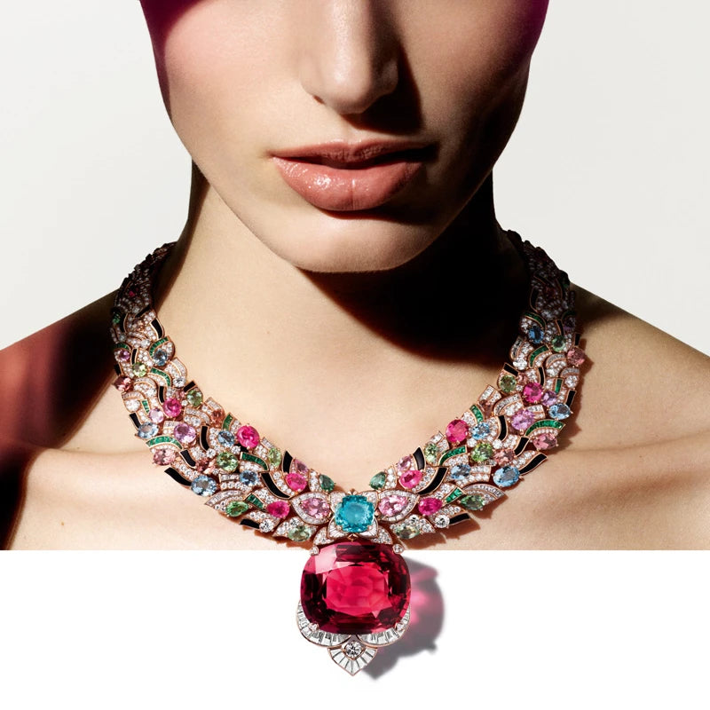 Luxury Rose Gold Pendant Necklace With Ruby Main Stone Flower Pattern Women Party Jewelry