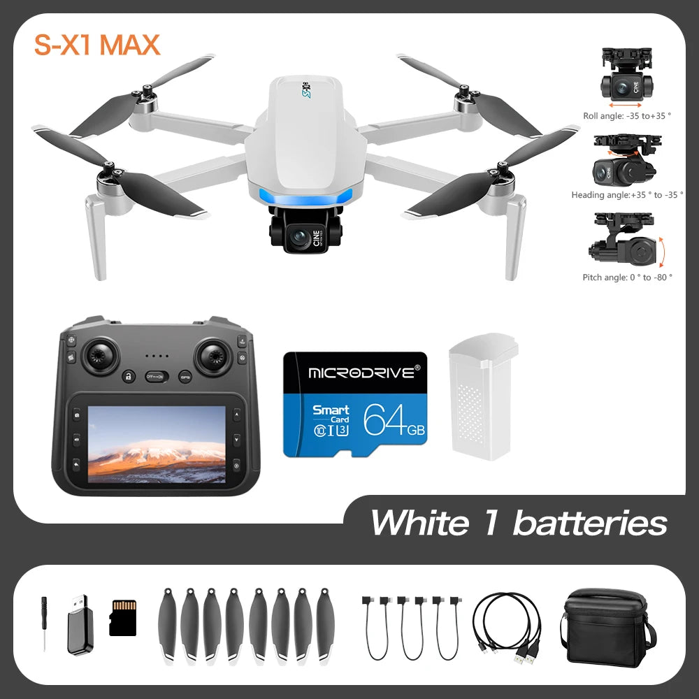 4K Camera Drone With 3-Axis Gimbal GPS - Foldable Aerial Quadcopter S-X1-3-Axis-W-64G Tidesmit