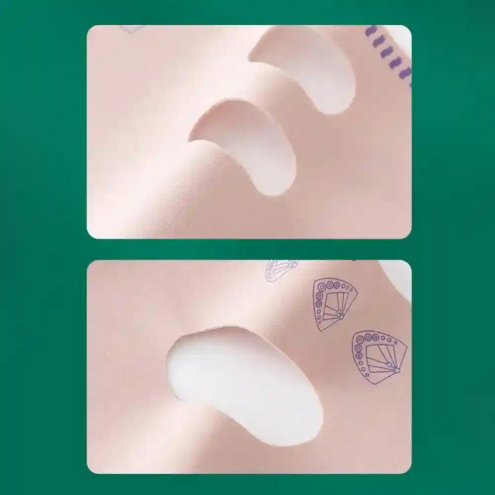 Pink V-line face slimming mask material featuring cutout ear holes and small purple fan-shaped patterns.