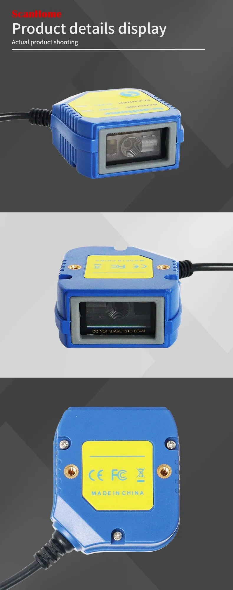 Blue barcode scanner front and rear views with label panel and cable
