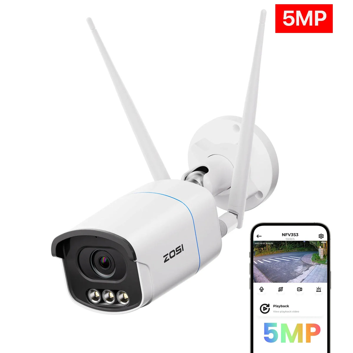 ZOSI WiFi security camera with dual antennas, front lens array, and 5MP smartphone app preview