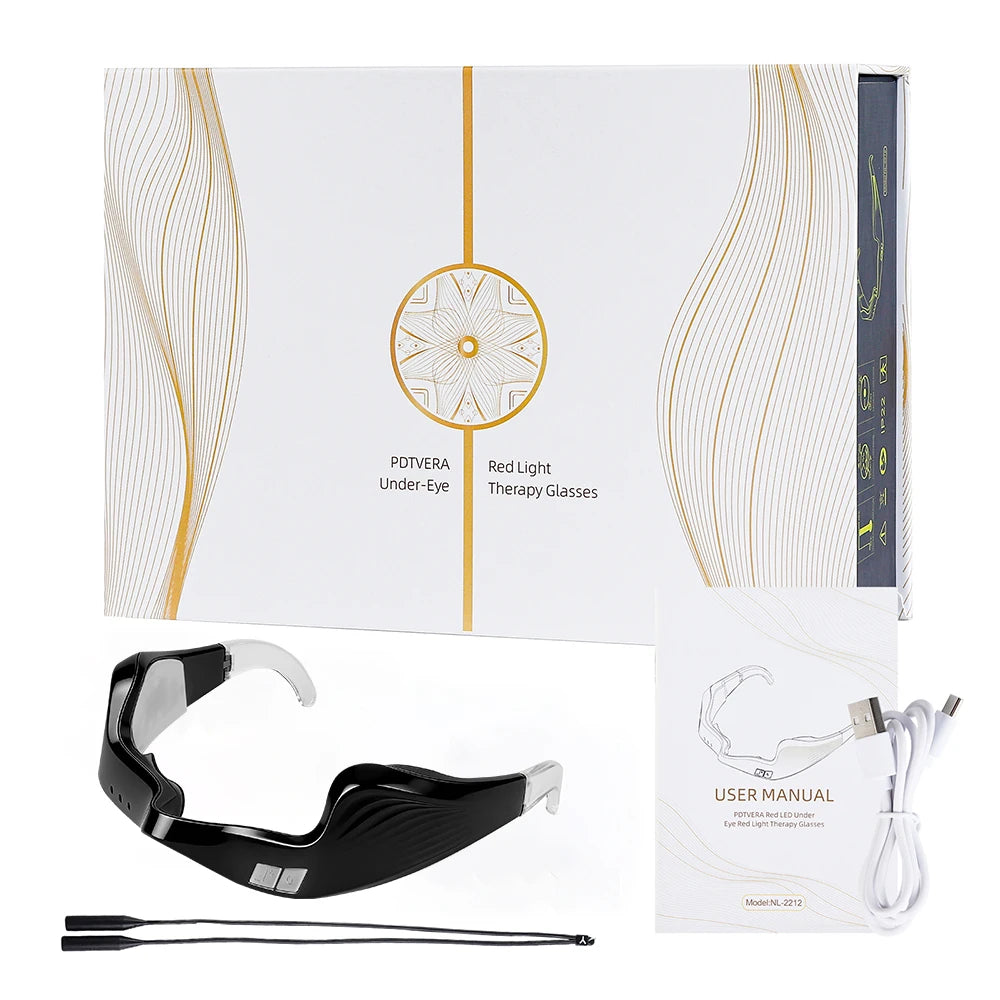 Black electric red light eye massager glasses with manual and charging cable for fatigue relief and anti-wrinkle care.