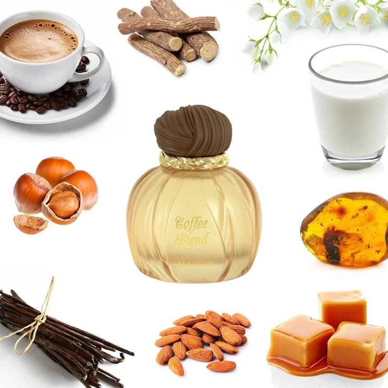 Maison Coffee Blend EDP: Unisex 100ml perfume, oriental vanilla, coffee, almond, caramel, musk, round gold glass bottle.