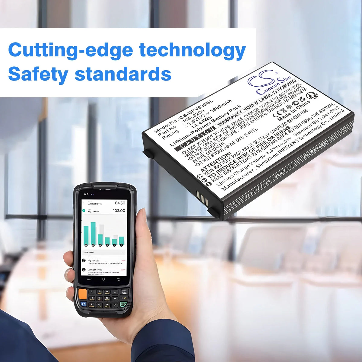 Lithium polymer barcode scanner battery pack with label held above a barcode scanner