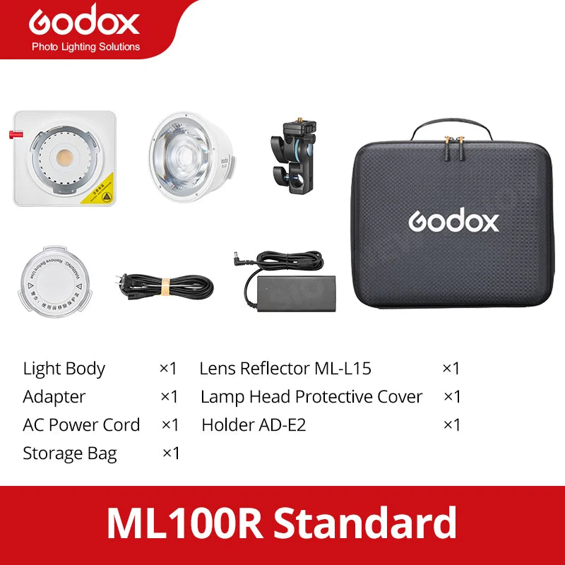 ML100R LED light kit with square body, reflector, mounting bracket, power supply, protective cap, and storage bag.