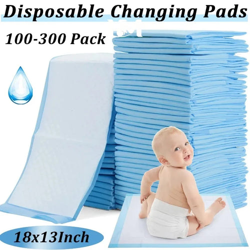 100-300 pack of 18x13 inch disposable baby changing pads, absorbent blue liners for infant diaper care.