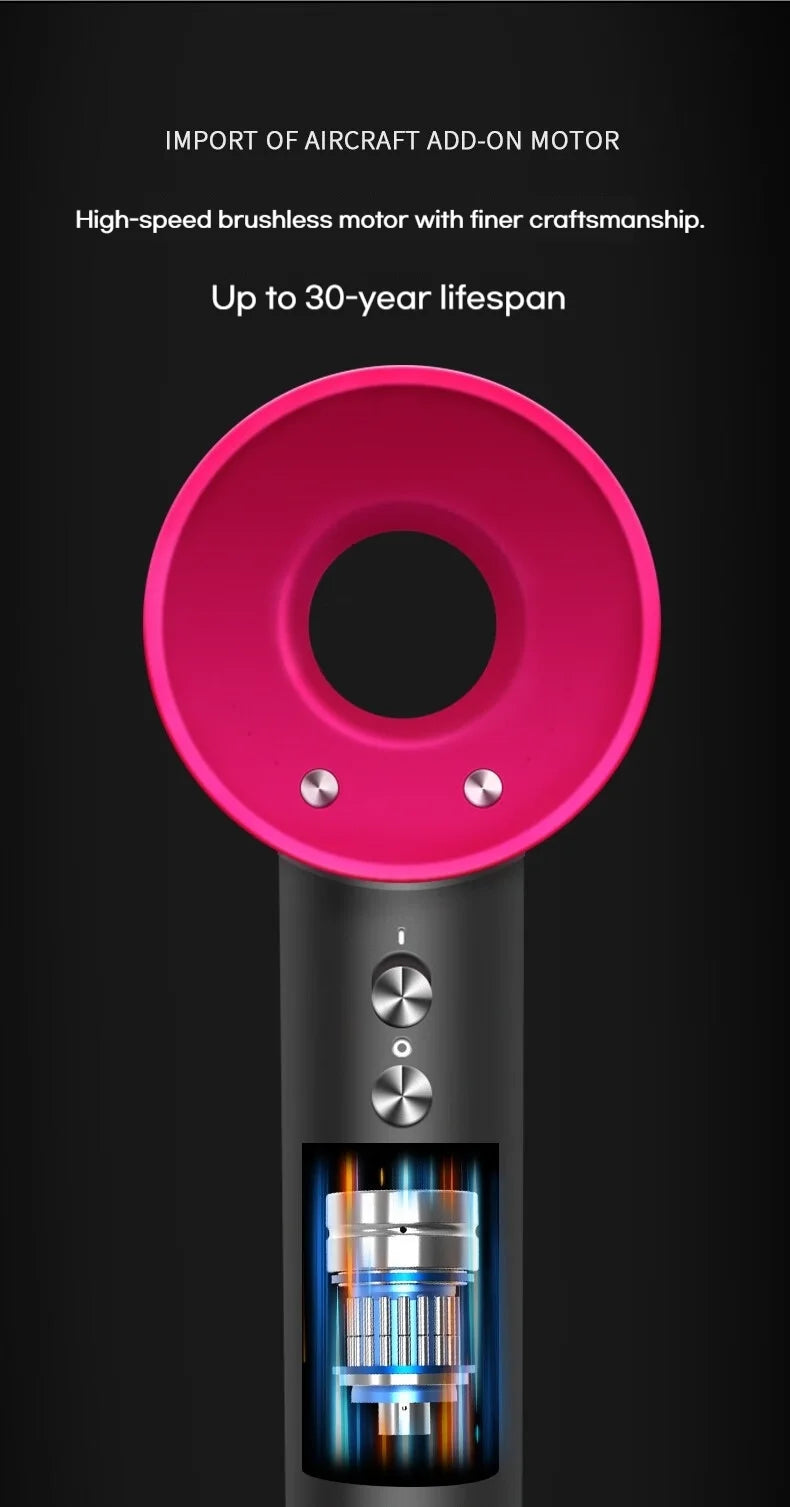 High-speed pink and grey bladeless hair dryer with powerful brushless motor and magnetic attachments for salon styling.