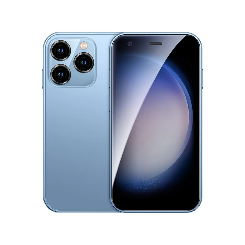 Smartphone with dual rear cameras, blue back and front display