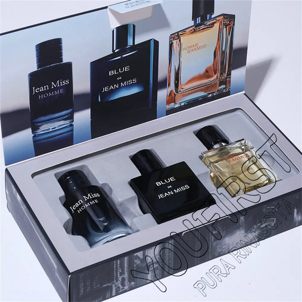 Jean Miss 3-piece men's perfume gift set with square and rectangular glass cologne bottles. Long-lasting scent.