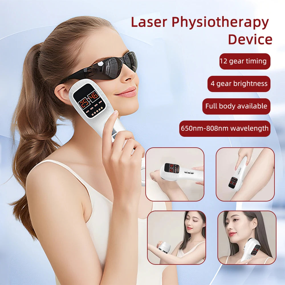 White handheld laser therapy device with digital display, used on face and body by a person wearing protective glasses.