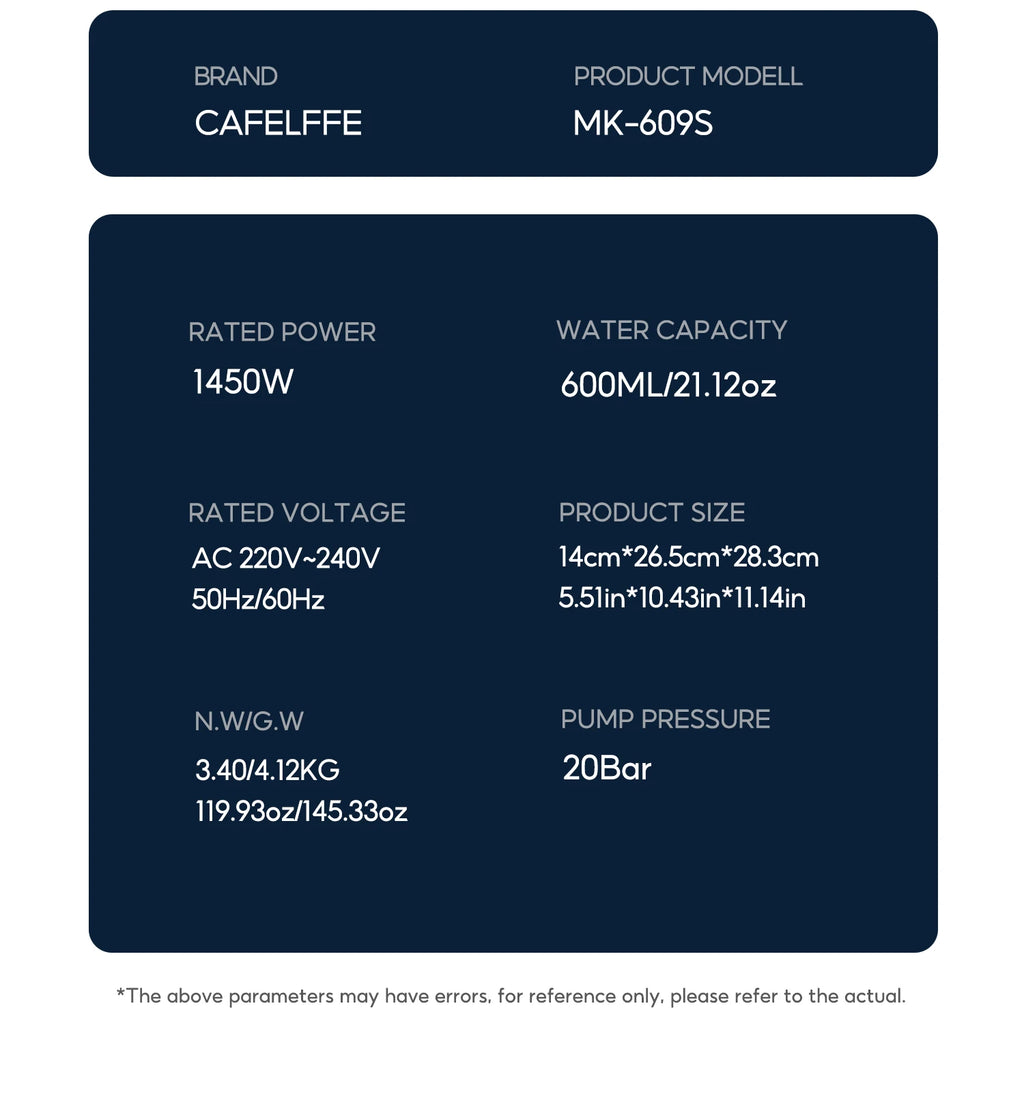 Cafelffe MK-609S espresso coffee maker specifications chart: 1450W power, 600ml capacity, and 20 bar pump pressure.