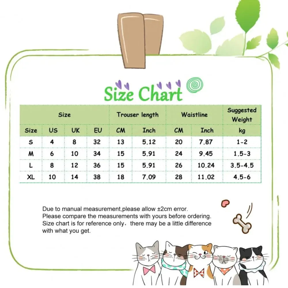 Size chart for washable, reusable sanitary diapers for small dogs and cats to ensure a perfect fit.