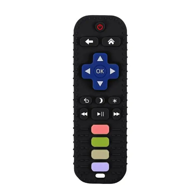 Black silicone baby teething toy shaped like a remote control for soothing sore gums.