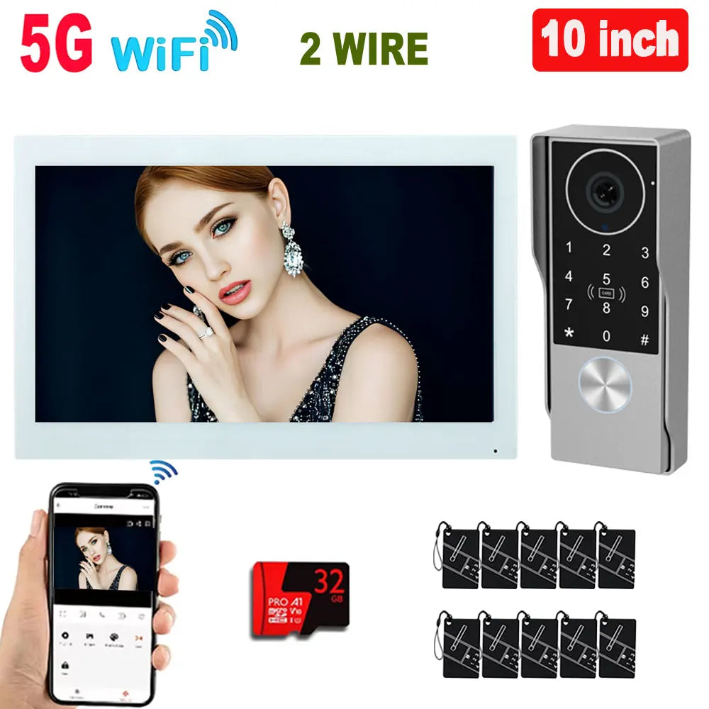 10 inch touchscreen video doorbell intercom with gray keypad and camera, 2-wire setup